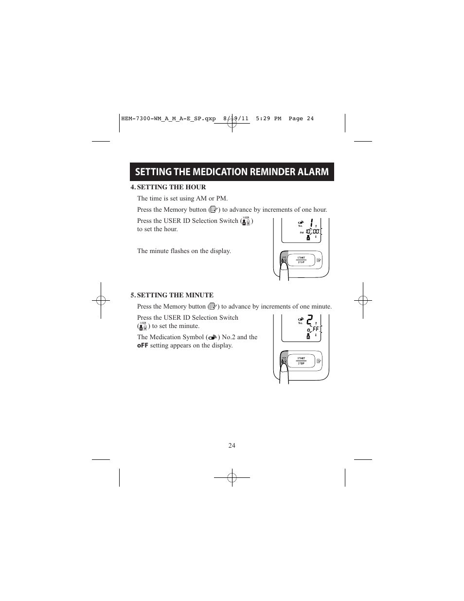 Setting the medication reminder alarm | ReliOn Automatic Blood Pressure Monitor with Two Cuffs 7300REL User Manual | Page 24 / 88