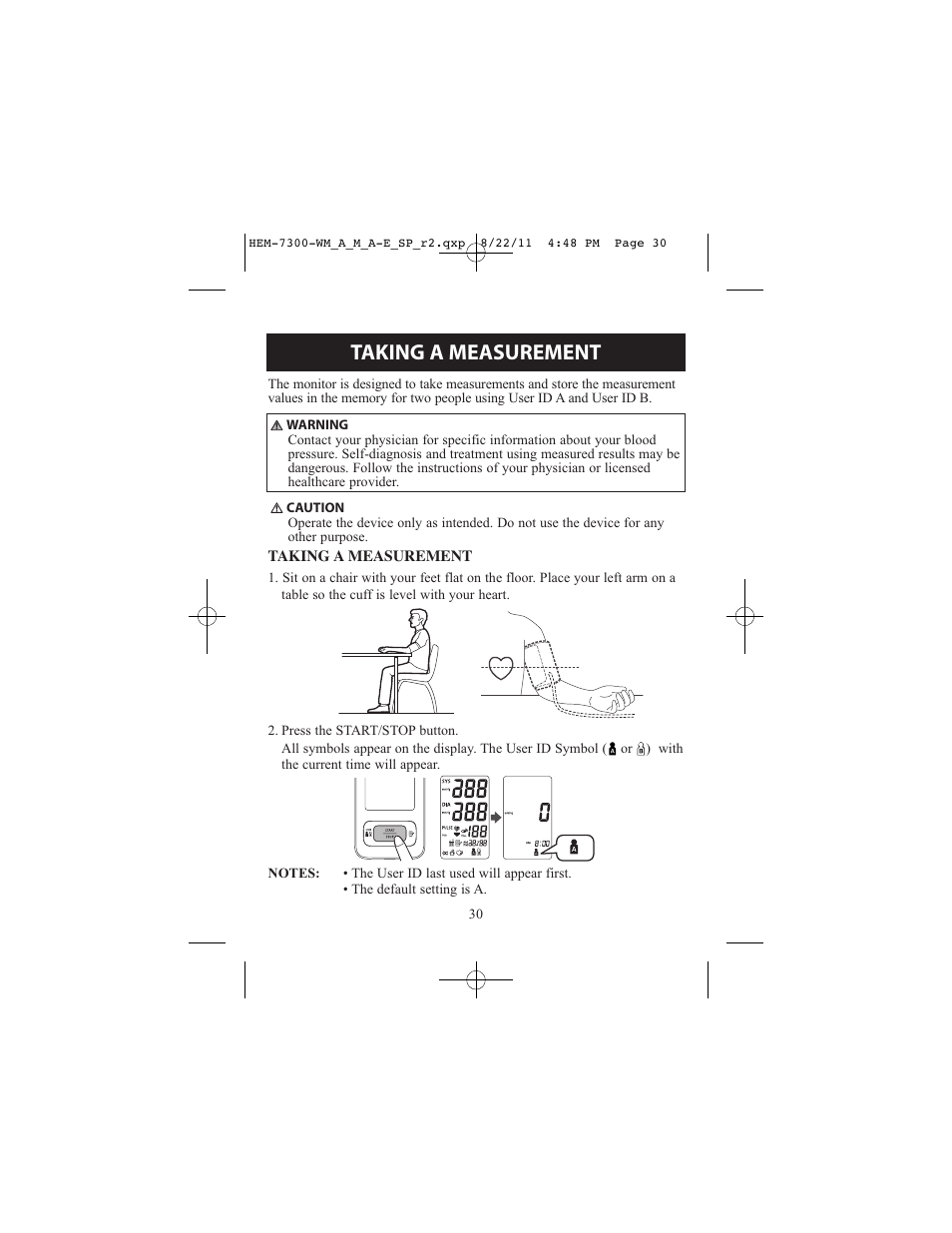 Taking a measurement | ReliOn Automatic Blood Pressure Monitor with Two Cuffs 7300REL User Manual | Page 30 / 88