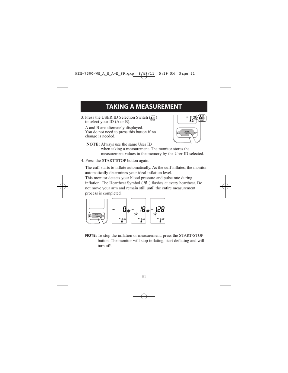 Taking a measurement | ReliOn Automatic Blood Pressure Monitor with Two Cuffs 7300REL User Manual | Page 31 / 88