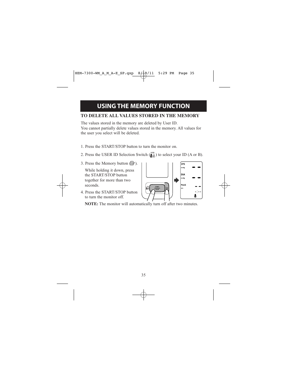 ReliOn Automatic Blood Pressure Monitor with Two Cuffs 7300REL User Manual | Page 35 / 88