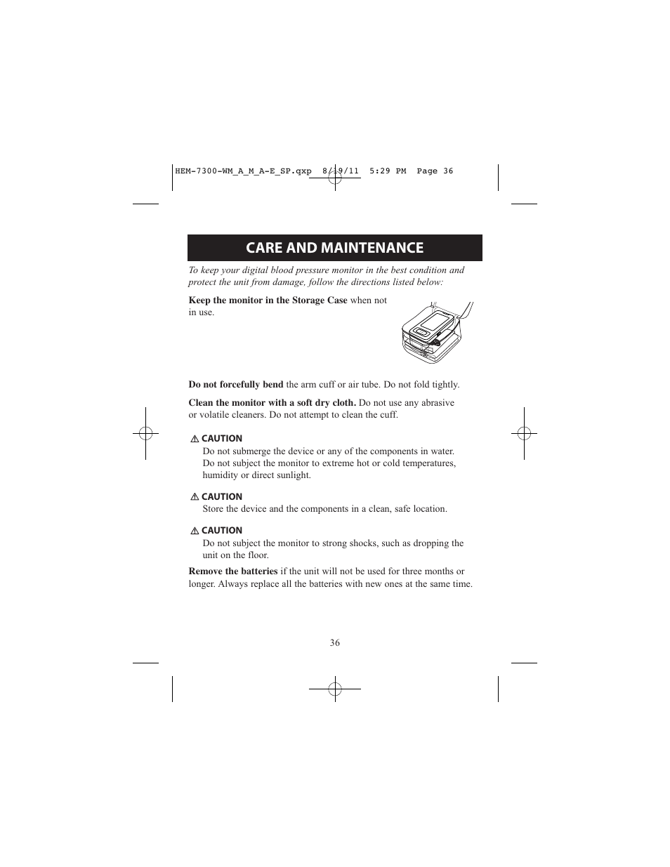 Care and maintenance | ReliOn Automatic Blood Pressure Monitor with Two Cuffs 7300REL User Manual | Page 36 / 88