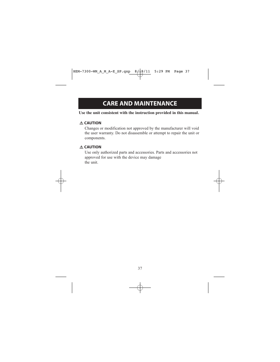 Care and maintenance | ReliOn Automatic Blood Pressure Monitor with Two Cuffs 7300REL User Manual | Page 37 / 88