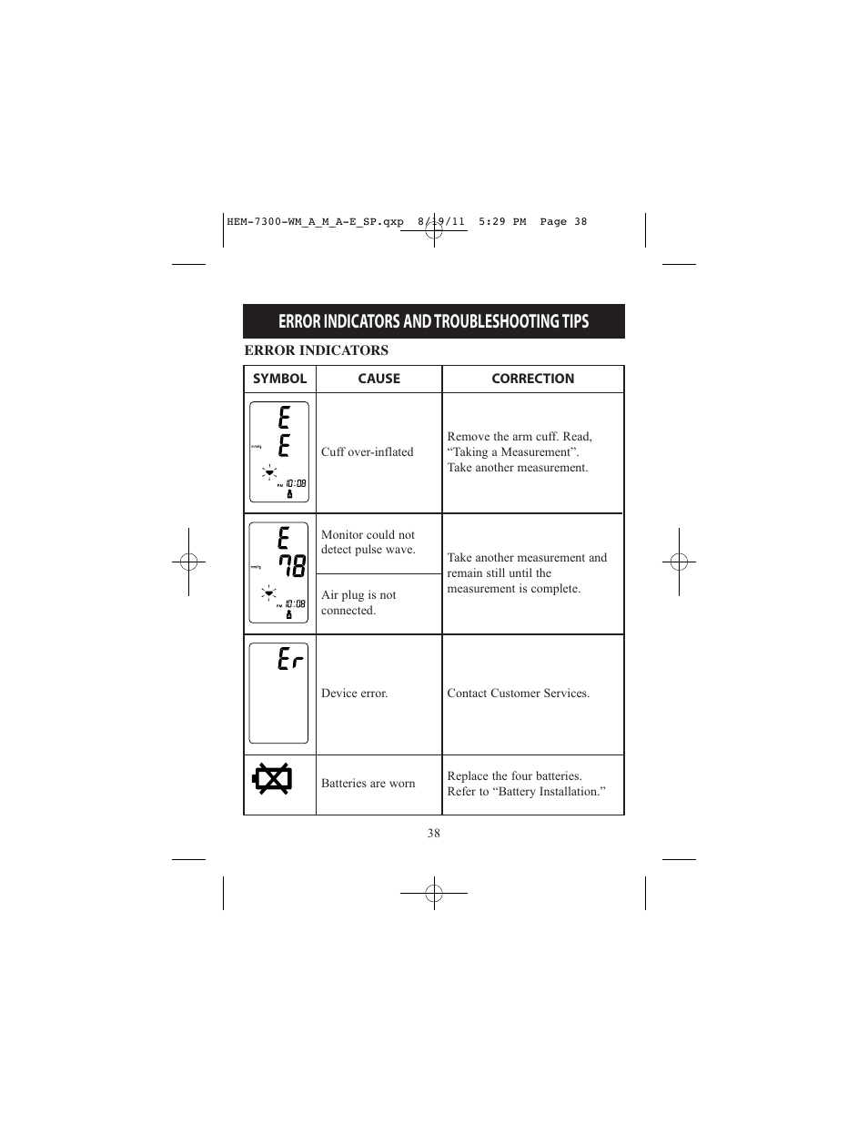 Error indicators and troubleshooting tips | ReliOn Automatic Blood Pressure Monitor with Two Cuffs 7300REL User Manual | Page 38 / 88