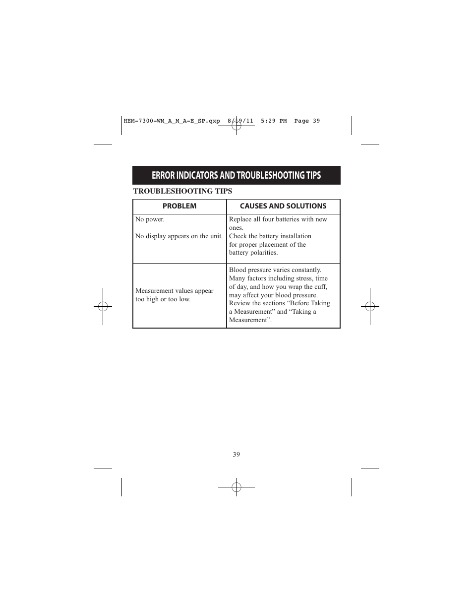 Error indicators and troubleshooting tips | ReliOn Automatic Blood Pressure Monitor with Two Cuffs 7300REL User Manual | Page 39 / 88