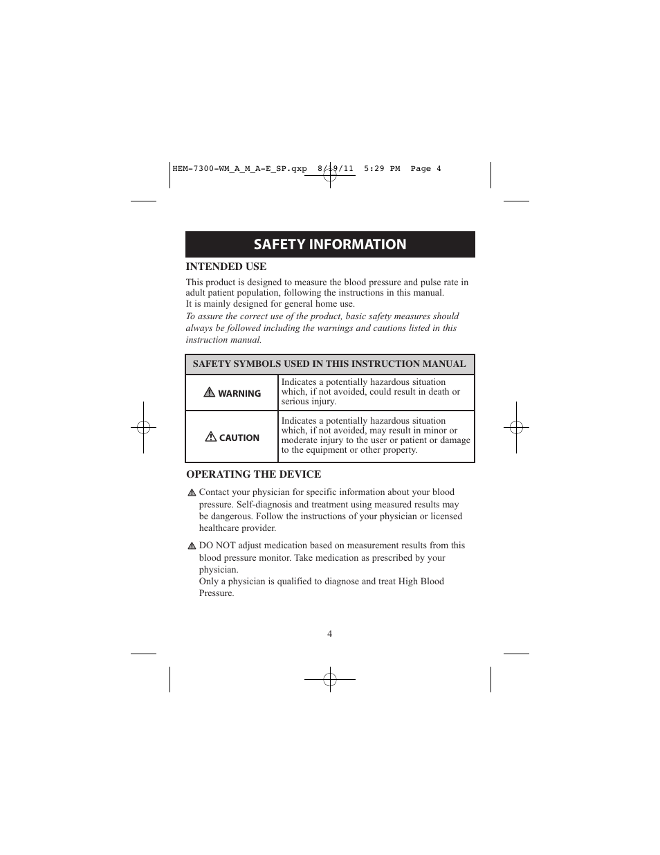 Safety information | ReliOn Automatic Blood Pressure Monitor with Two Cuffs 7300REL User Manual | Page 4 / 88