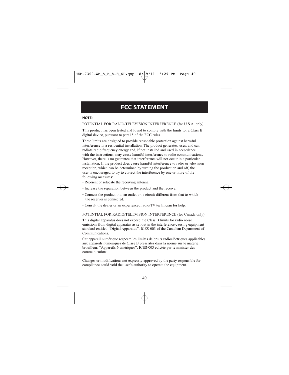 Fcc statement | ReliOn Automatic Blood Pressure Monitor with Two Cuffs 7300REL User Manual | Page 40 / 88