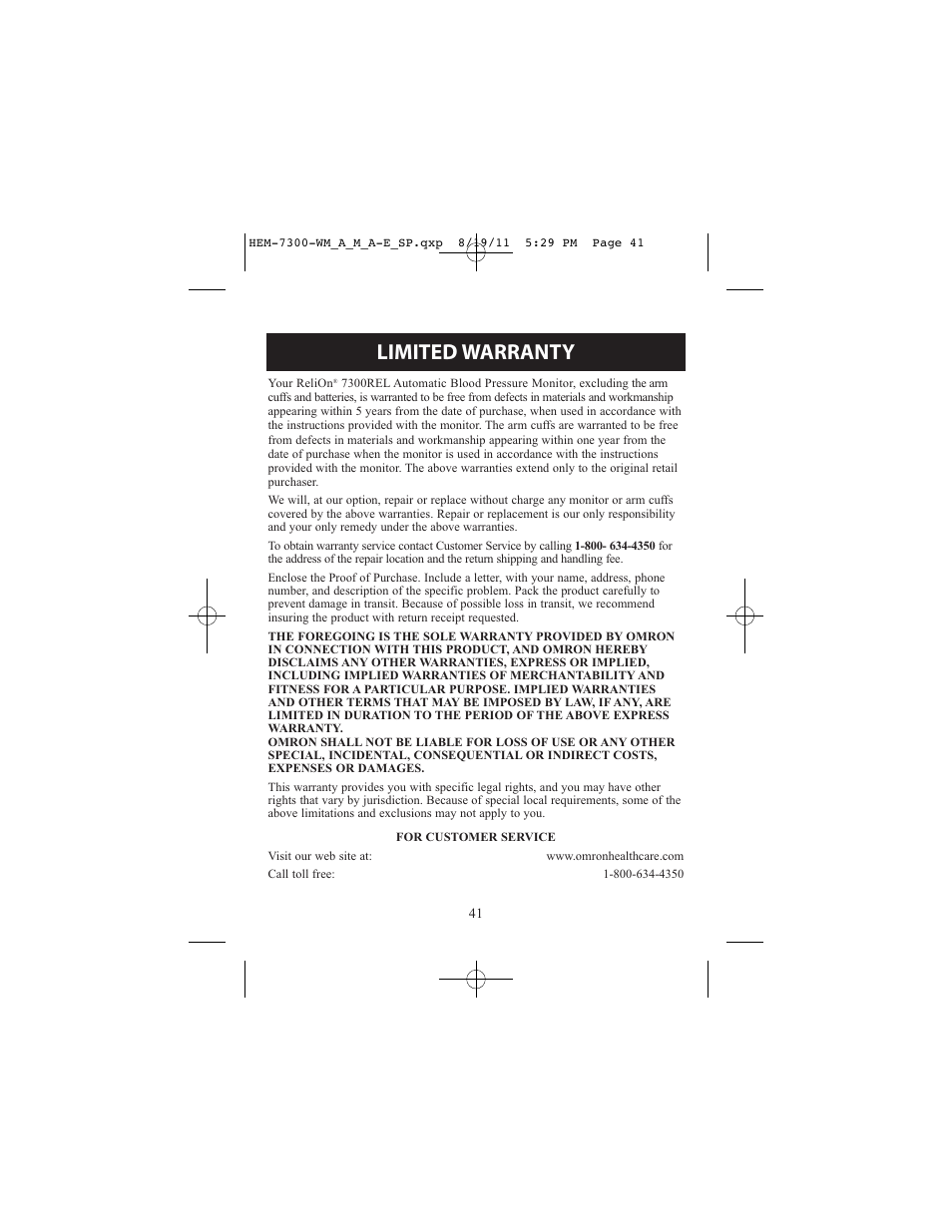 Limited warranty | ReliOn Automatic Blood Pressure Monitor with Two Cuffs 7300REL User Manual | Page 41 / 88