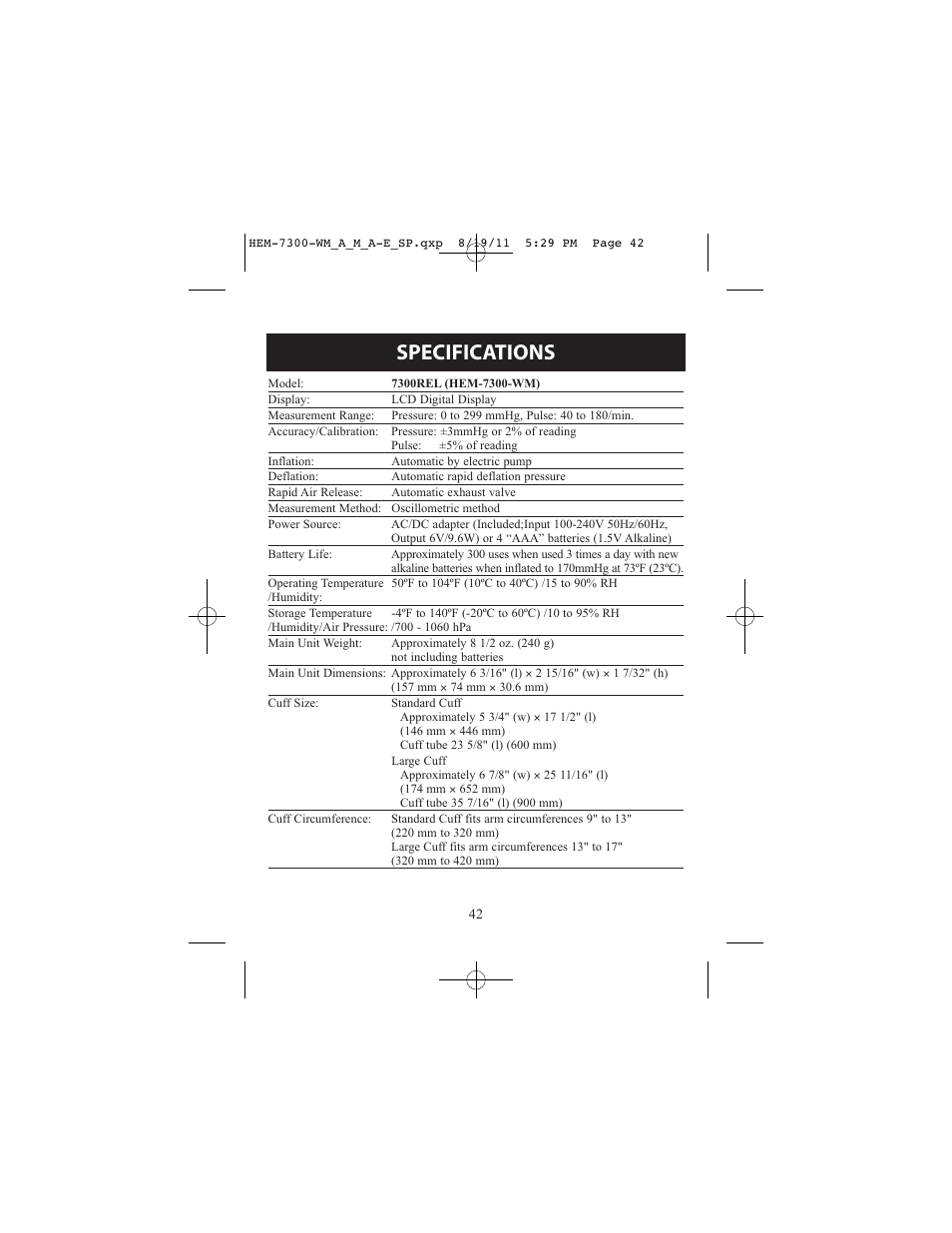 Specifications | ReliOn Automatic Blood Pressure Monitor with Two Cuffs 7300REL User Manual | Page 42 / 88