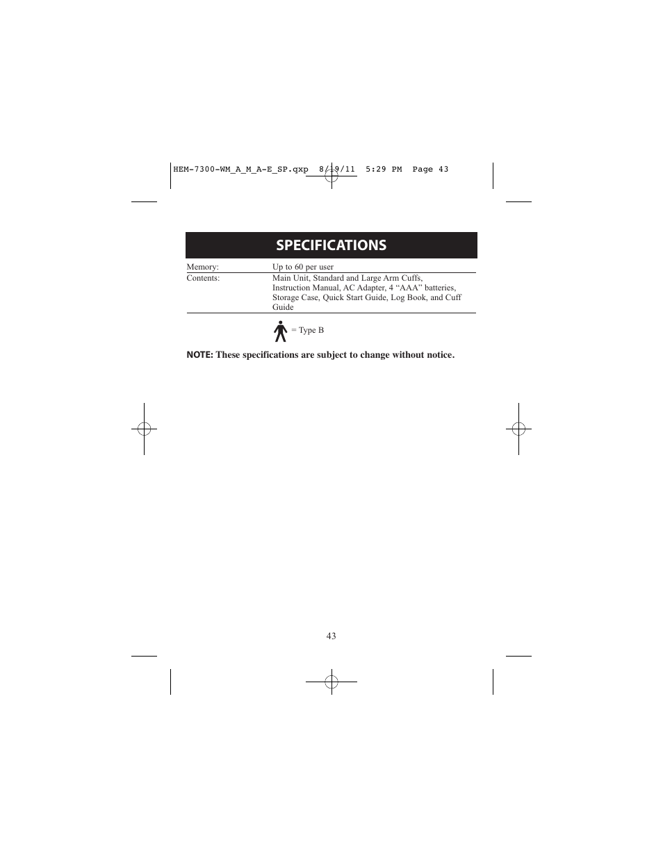 Specifications | ReliOn Automatic Blood Pressure Monitor with Two Cuffs 7300REL User Manual | Page 43 / 88