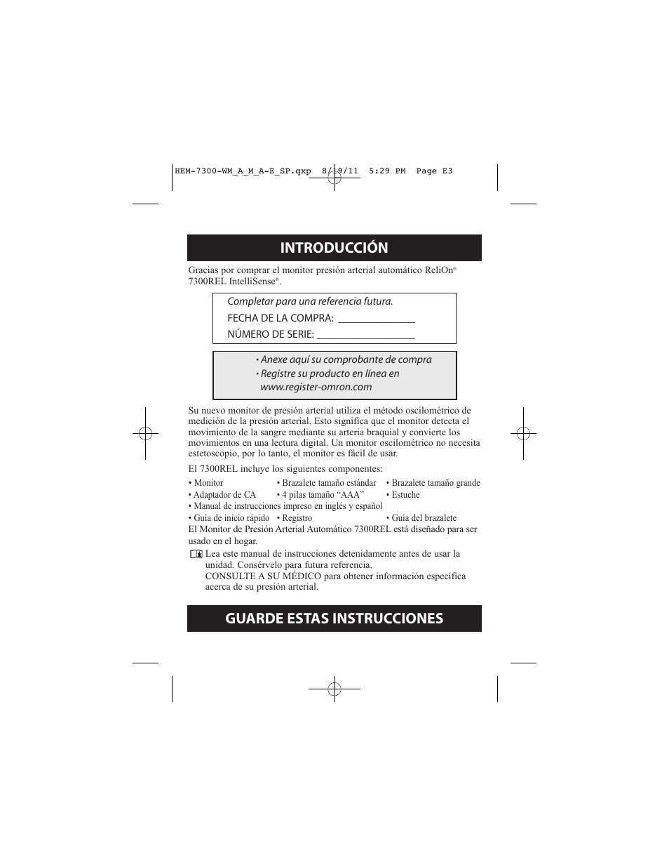 Introducción, Guarde estas instrucciones | ReliOn Automatic Blood Pressure Monitor with Two Cuffs 7300REL User Manual | Page 47 / 88