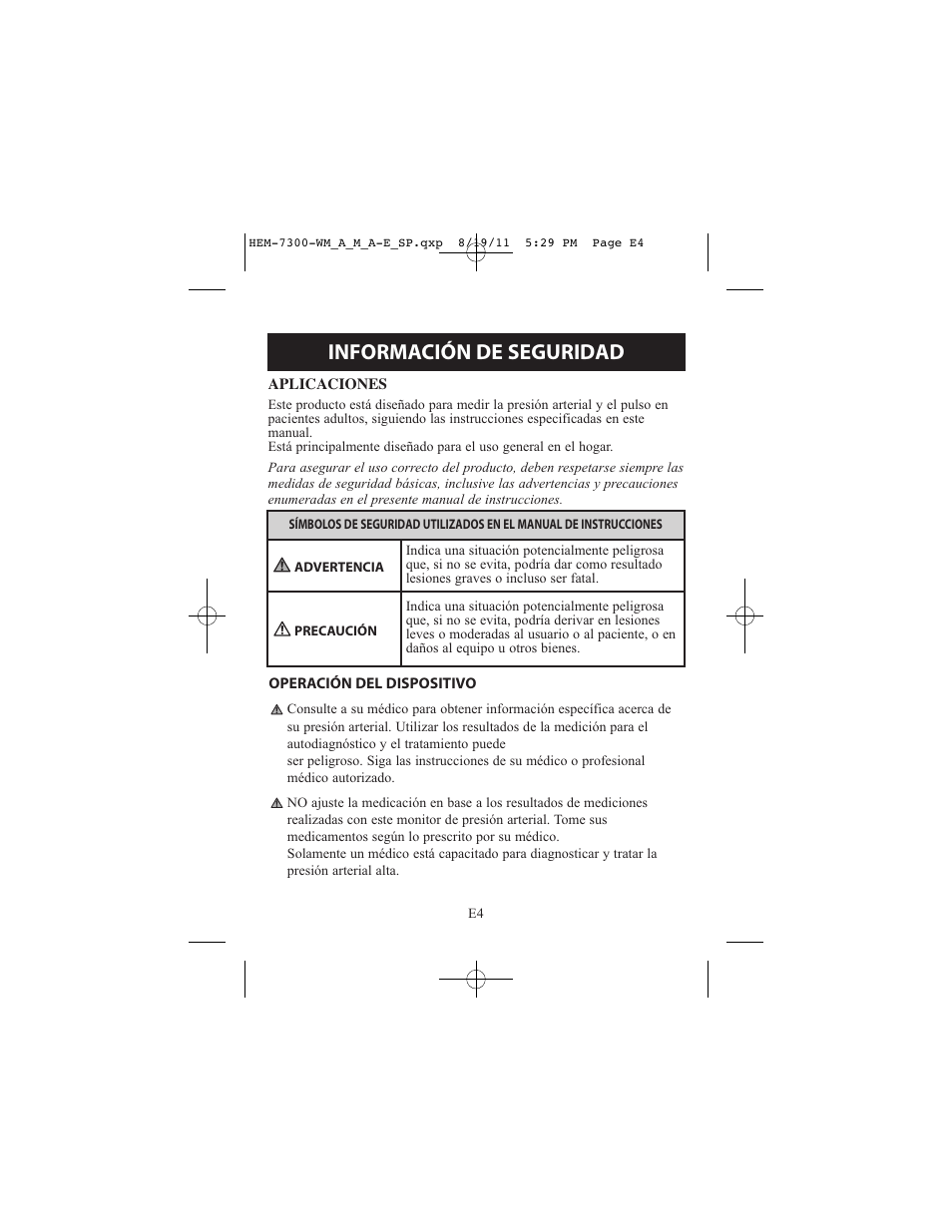 Información de seguridad | ReliOn Automatic Blood Pressure Monitor with Two Cuffs 7300REL User Manual | Page 48 / 88