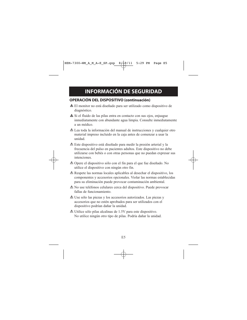 Información de seguridad | ReliOn Automatic Blood Pressure Monitor with Two Cuffs 7300REL User Manual | Page 49 / 88