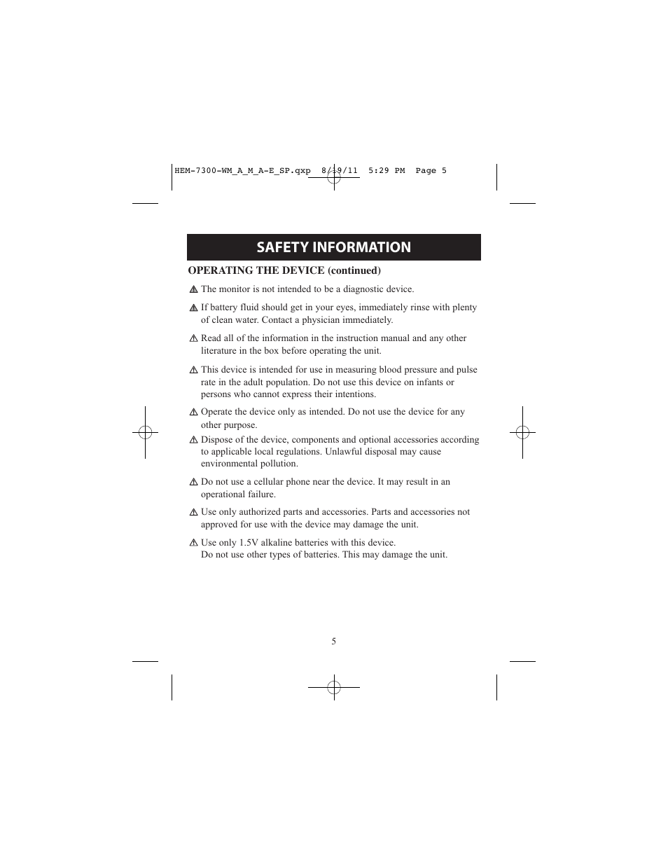 Safety information | ReliOn Automatic Blood Pressure Monitor with Two Cuffs 7300REL User Manual | Page 5 / 88