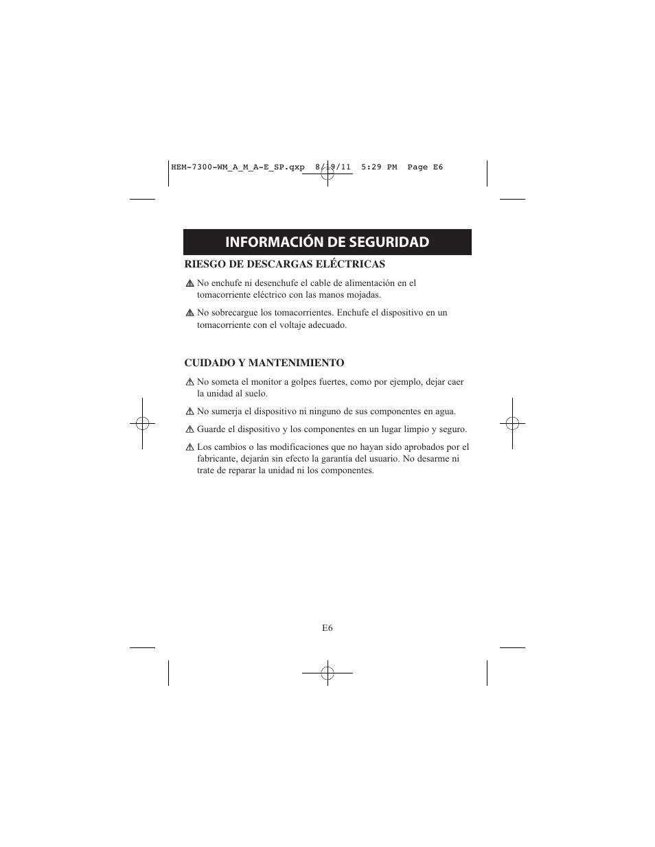 Información de seguridad | ReliOn Automatic Blood Pressure Monitor with Two Cuffs 7300REL User Manual | Page 50 / 88