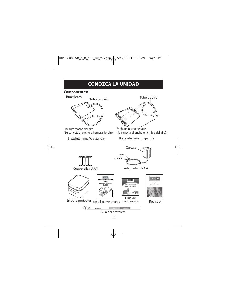 Conozca la unidad, Componentes: brazaletes | ReliOn Automatic Blood Pressure Monitor with Two Cuffs 7300REL User Manual | Page 53 / 88