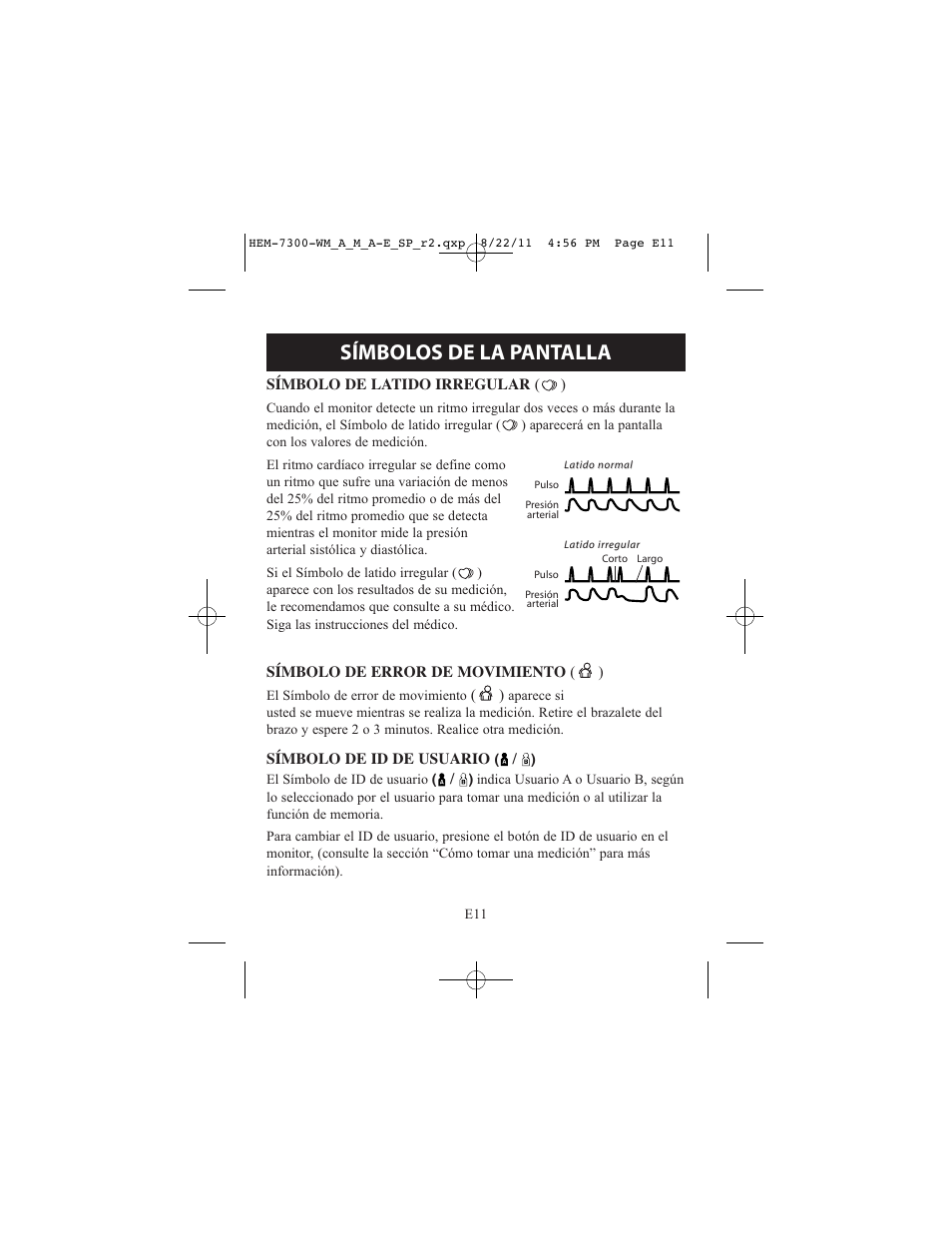 Símbolos de la pantalla | ReliOn Automatic Blood Pressure Monitor with Two Cuffs 7300REL User Manual | Page 55 / 88