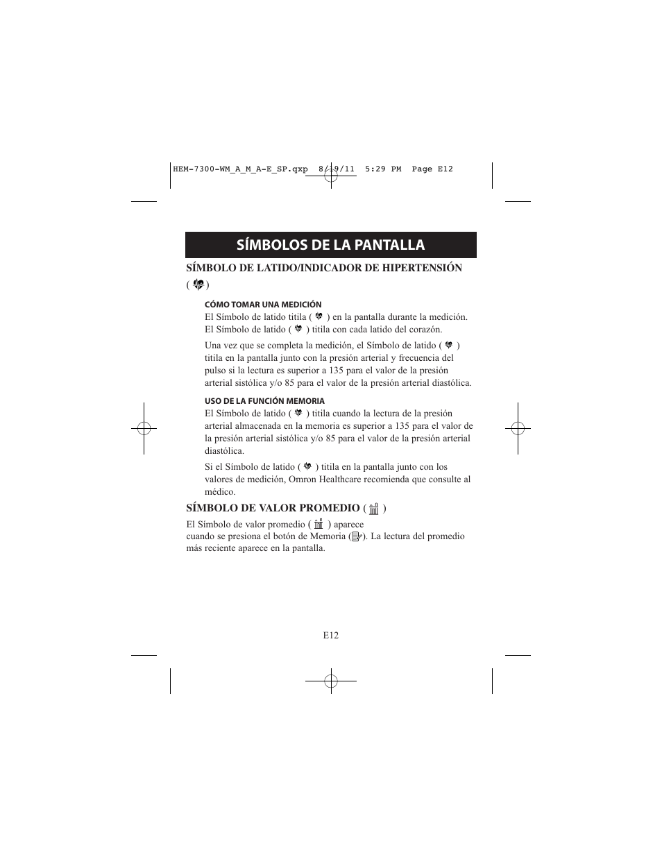 Símbolos de la pantalla | ReliOn Automatic Blood Pressure Monitor with Two Cuffs 7300REL User Manual | Page 56 / 88