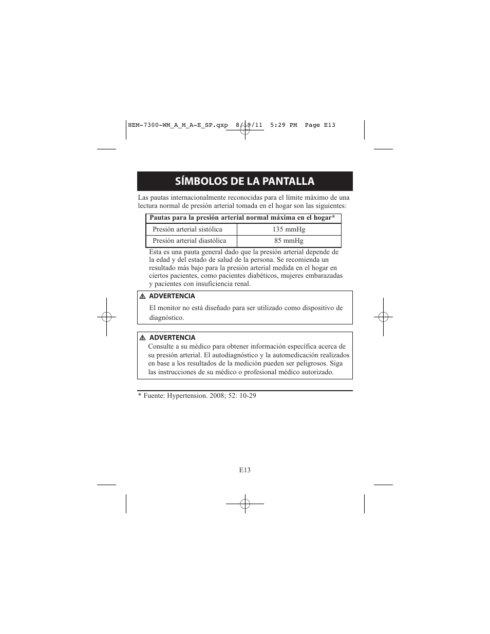Símbolos de la pantalla | ReliOn Automatic Blood Pressure Monitor with Two Cuffs 7300REL User Manual | Page 57 / 88