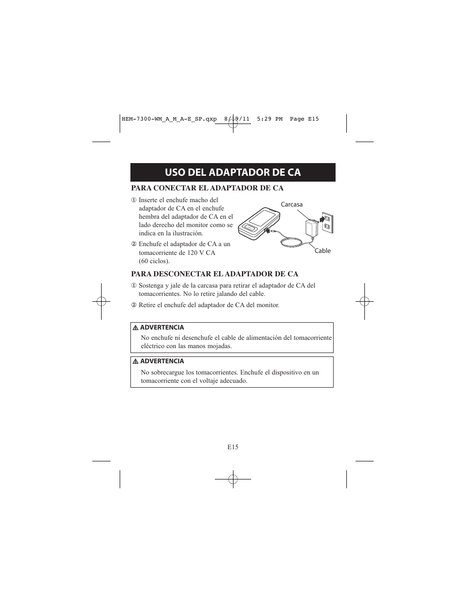 Uso del adaptador de ca | ReliOn Automatic Blood Pressure Monitor with Two Cuffs 7300REL User Manual | Page 59 / 88