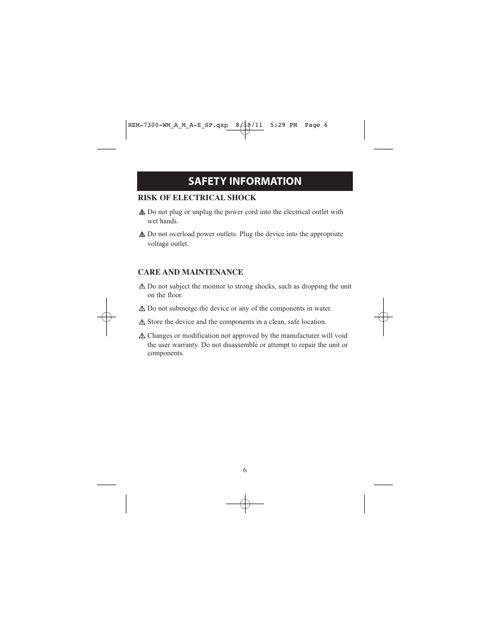 Safety information | ReliOn Automatic Blood Pressure Monitor with Two Cuffs 7300REL User Manual | Page 6 / 88