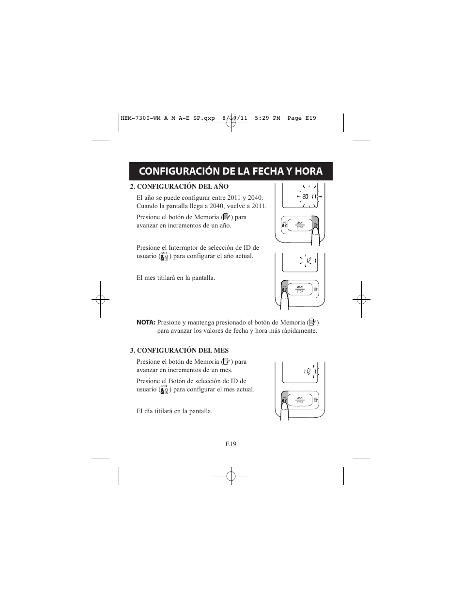 Configuración de la fecha y hora | ReliOn Automatic Blood Pressure Monitor with Two Cuffs 7300REL User Manual | Page 63 / 88