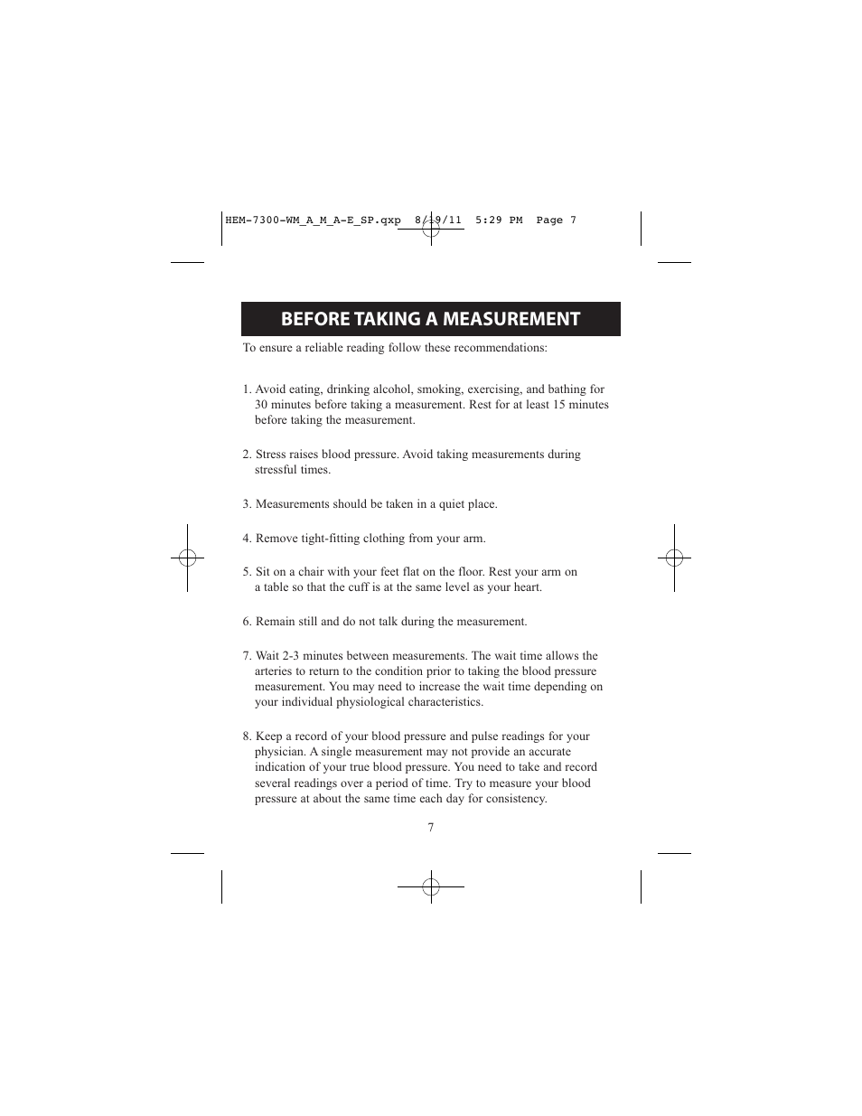 Before taking a measurement | ReliOn Automatic Blood Pressure Monitor with Two Cuffs 7300REL User Manual | Page 7 / 88