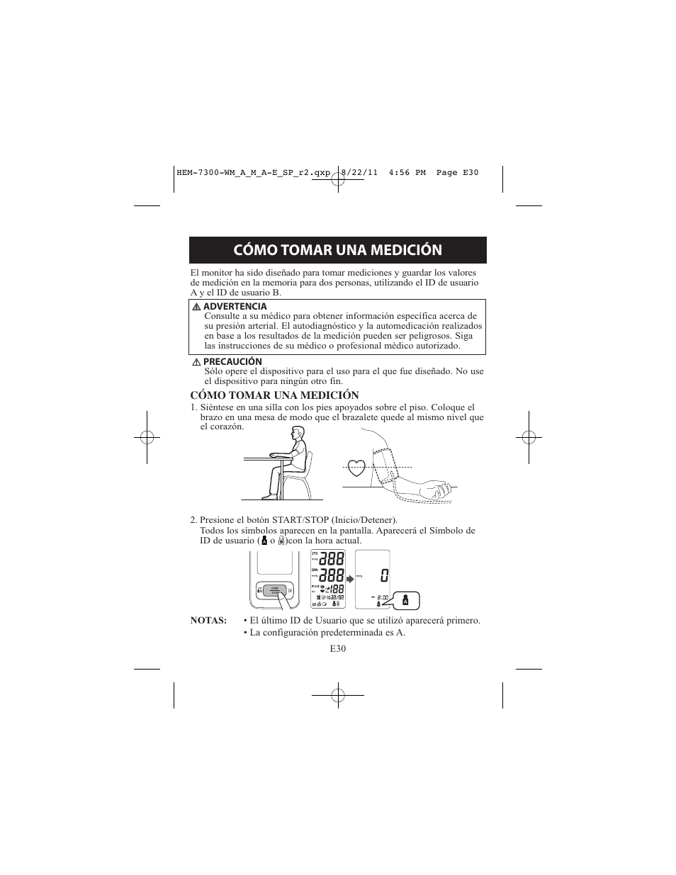 Cómo tomar una medición | ReliOn Automatic Blood Pressure Monitor with Two Cuffs 7300REL User Manual | Page 74 / 88