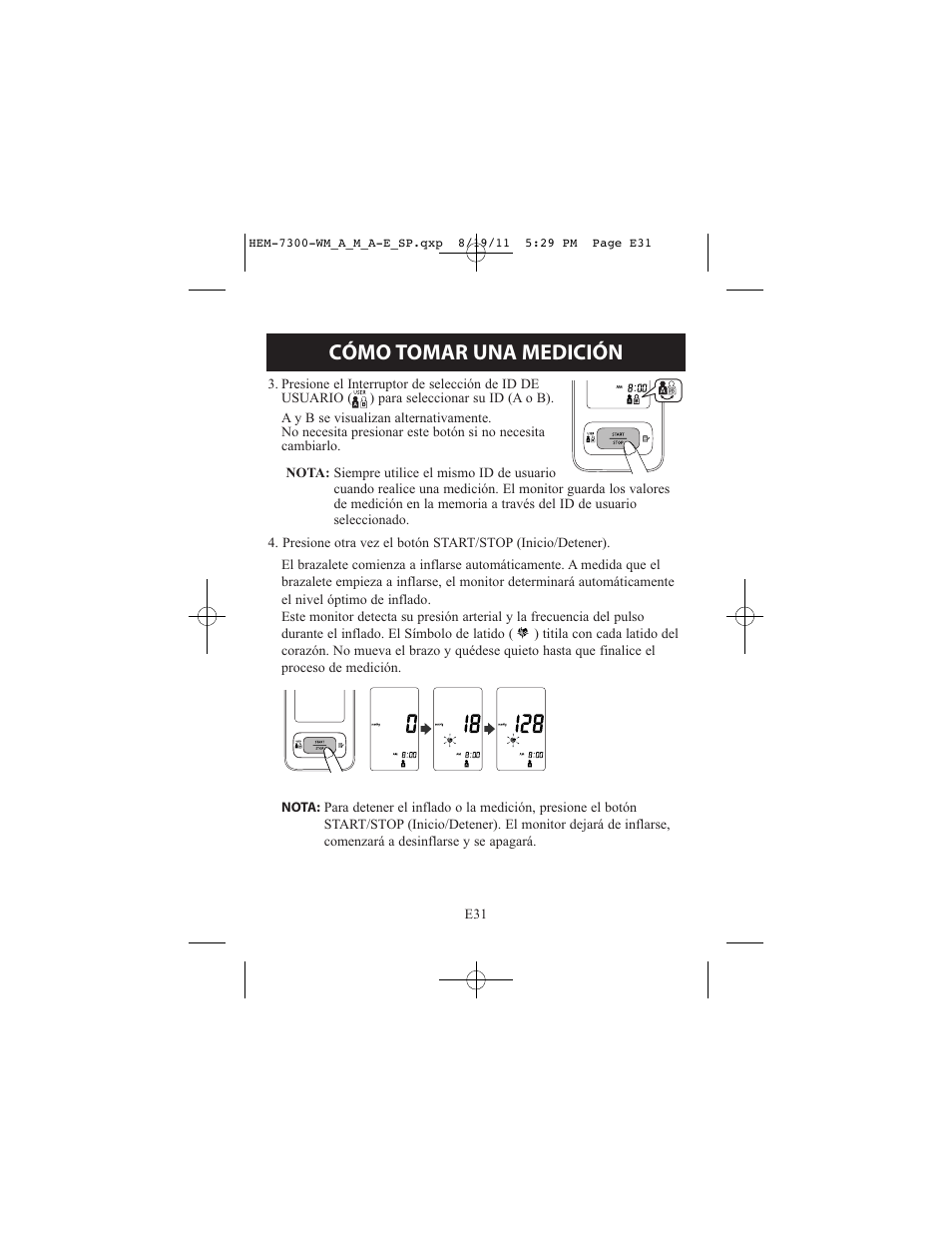 Cómo tomar una medición | ReliOn Automatic Blood Pressure Monitor with Two Cuffs 7300REL User Manual | Page 75 / 88