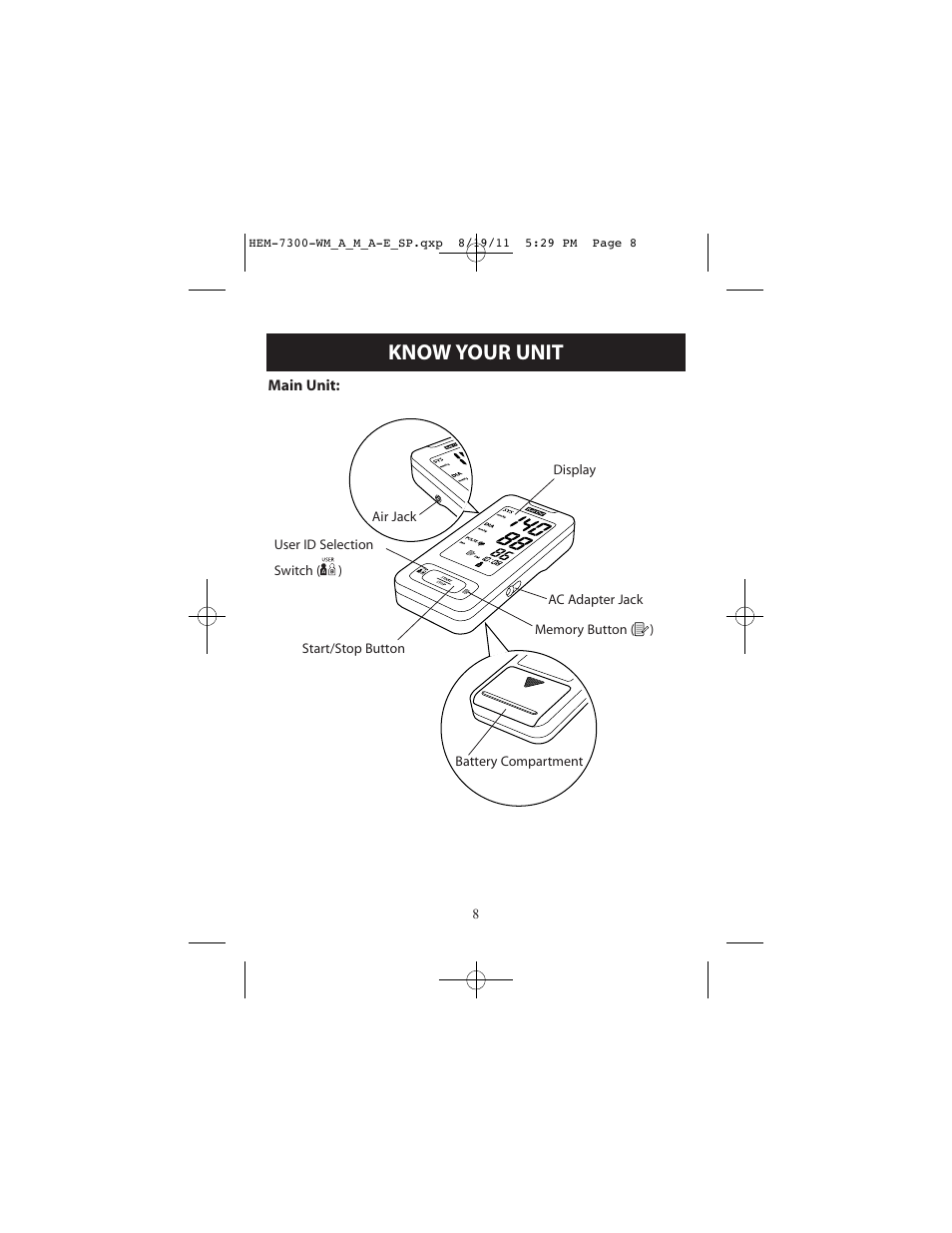 Know your unit | ReliOn Automatic Blood Pressure Monitor with Two Cuffs 7300REL User Manual | Page 8 / 88