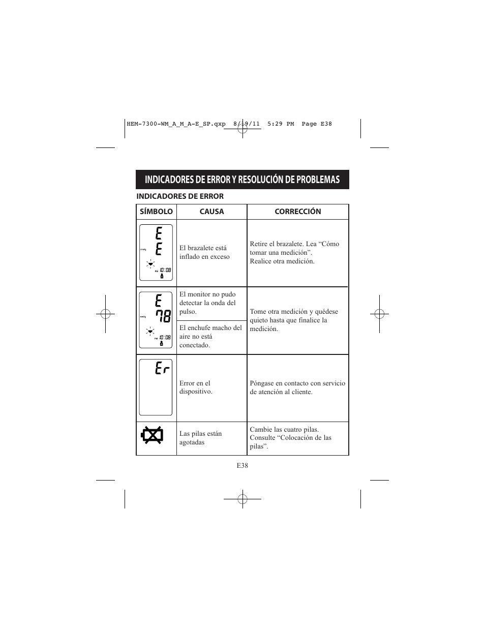 Indicadores de error y resolución de problemas | ReliOn Automatic Blood Pressure Monitor with Two Cuffs 7300REL User Manual | Page 82 / 88