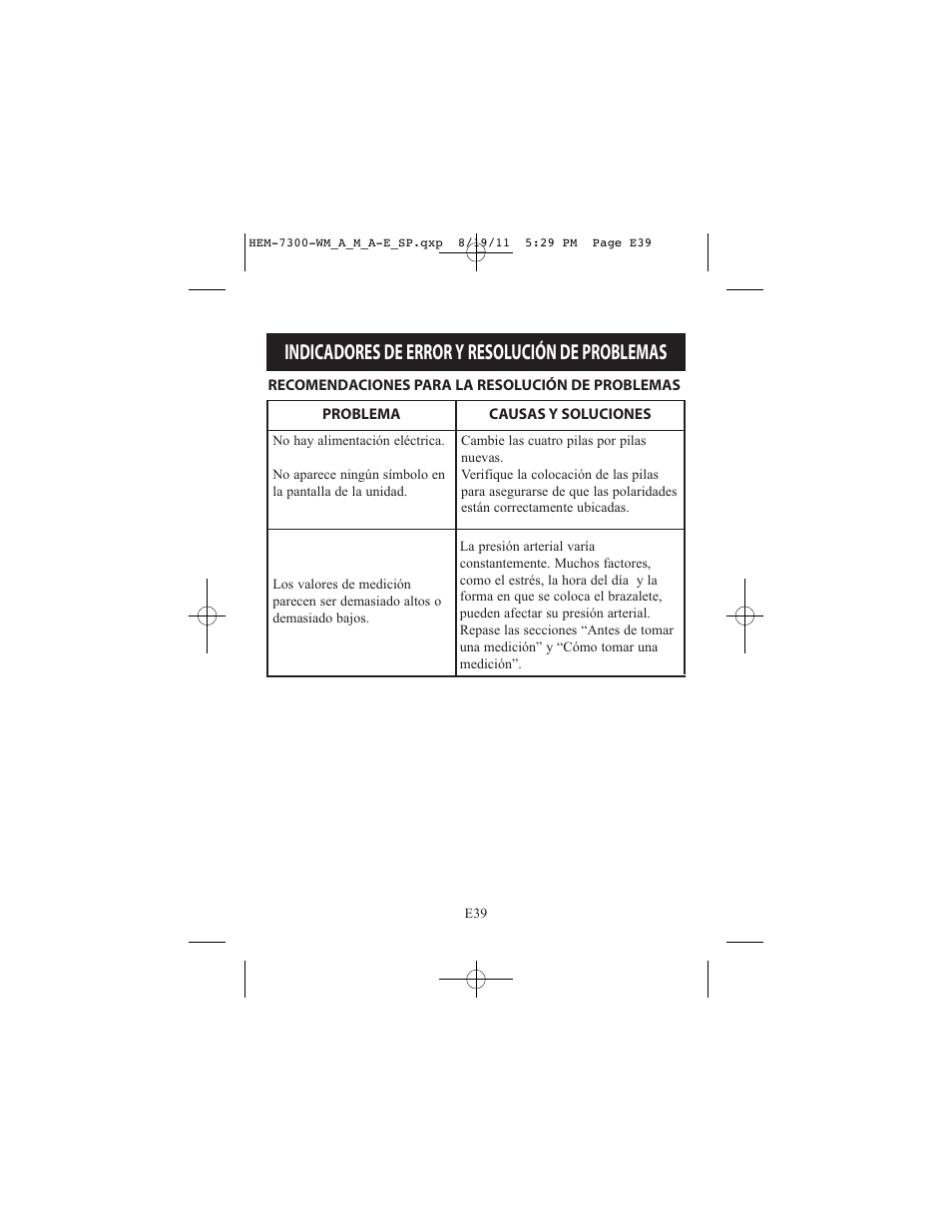 Indicadores de error y resolución de problemas | ReliOn Automatic Blood Pressure Monitor with Two Cuffs 7300REL User Manual | Page 83 / 88