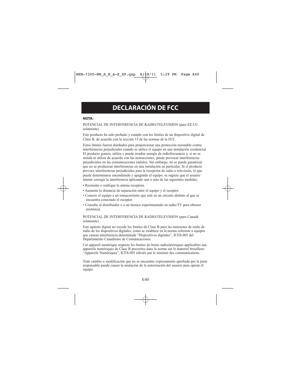 Declaración de fcc | ReliOn Automatic Blood Pressure Monitor with Two Cuffs 7300REL User Manual | Page 84 / 88