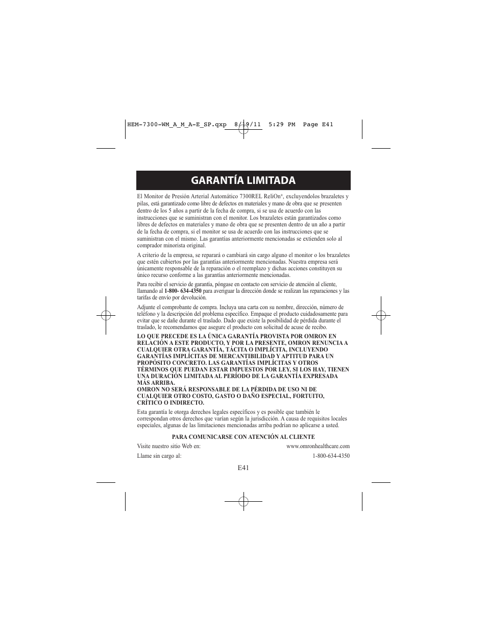 Garantía limitada | ReliOn Automatic Blood Pressure Monitor with Two Cuffs 7300REL User Manual | Page 85 / 88