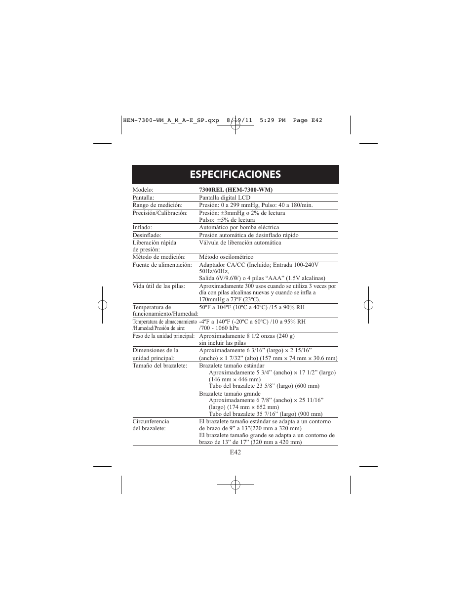 Especificaciones | ReliOn Automatic Blood Pressure Monitor with Two Cuffs 7300REL User Manual | Page 86 / 88