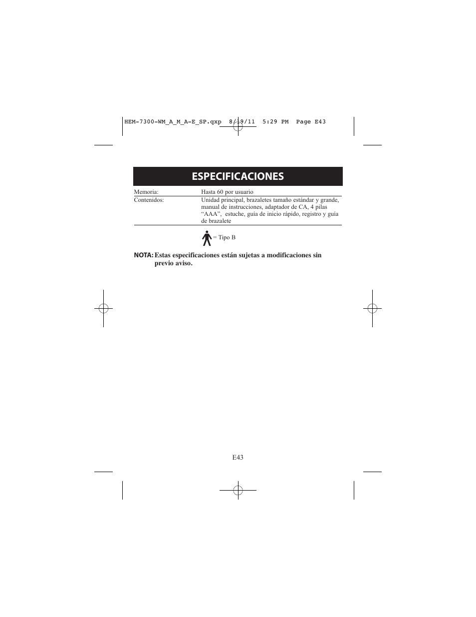 Especificaciones | ReliOn Automatic Blood Pressure Monitor with Two Cuffs 7300REL User Manual | Page 87 / 88