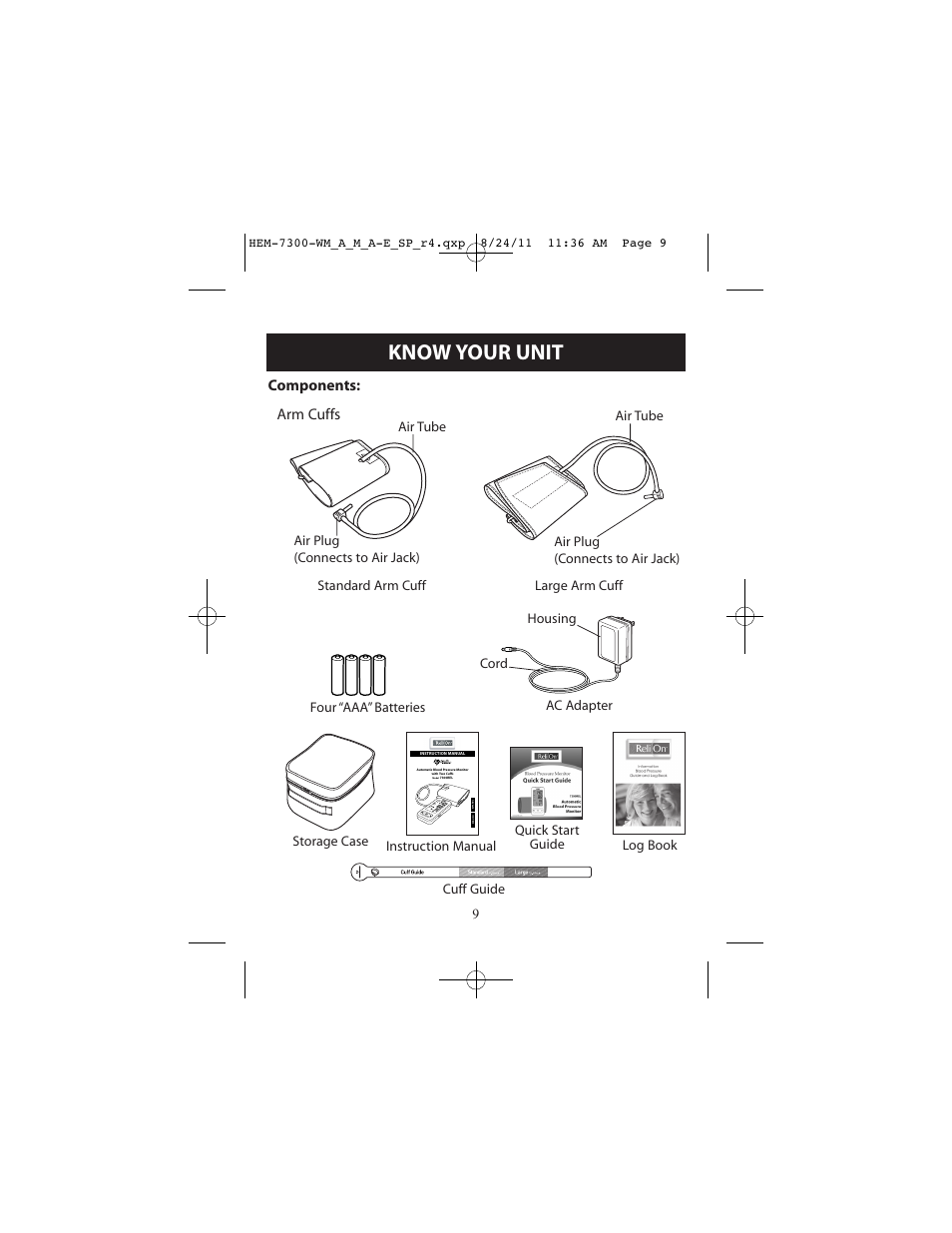 Know your unit, Components: arm cuffs | ReliOn Automatic Blood Pressure Monitor with Two Cuffs 7300REL User Manual | Page 9 / 88