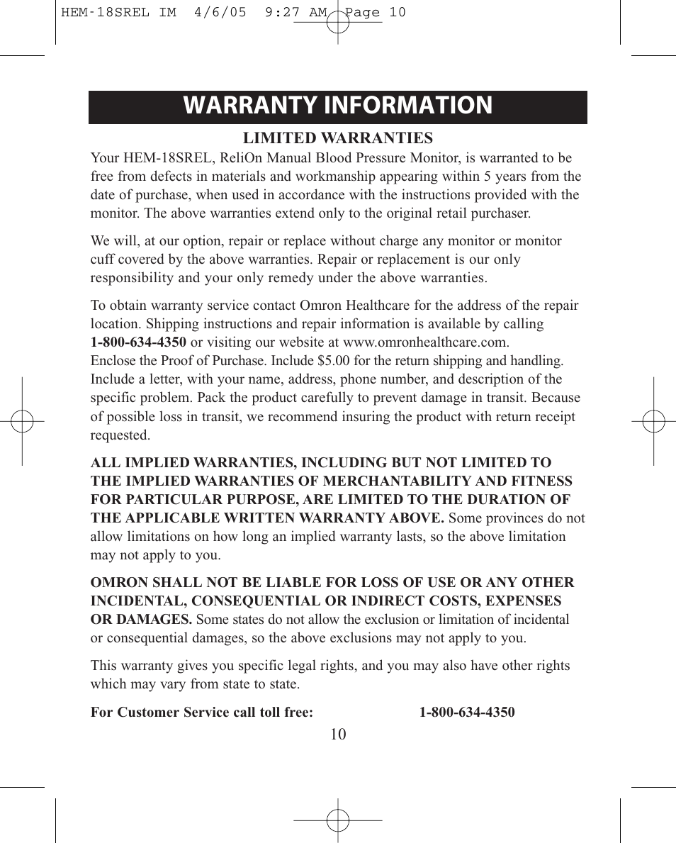 Warranty information | ReliOn HEM-18SREL User Manual | Page 10 / 24