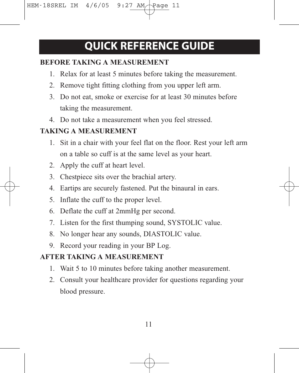 Quick reference guide | ReliOn HEM-18SREL User Manual | Page 11 / 24