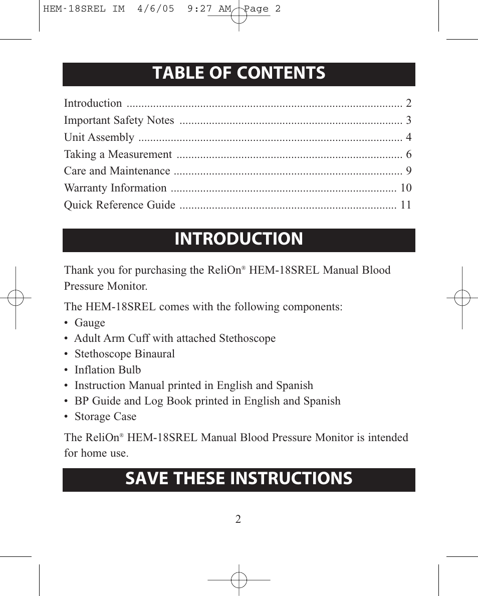 ReliOn HEM-18SREL User Manual | Page 2 / 24