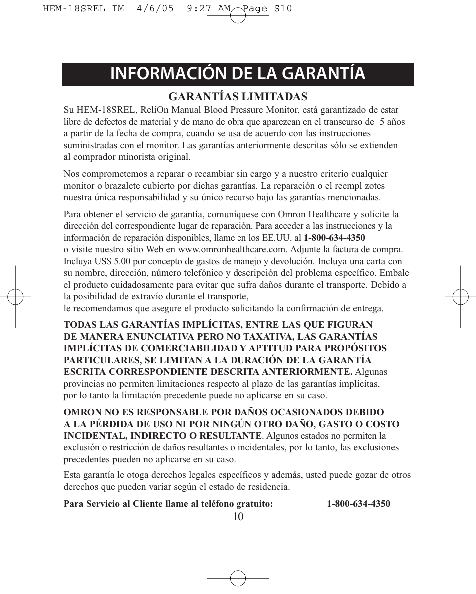 Información de la garantía | ReliOn HEM-18SREL User Manual | Page 22 / 24