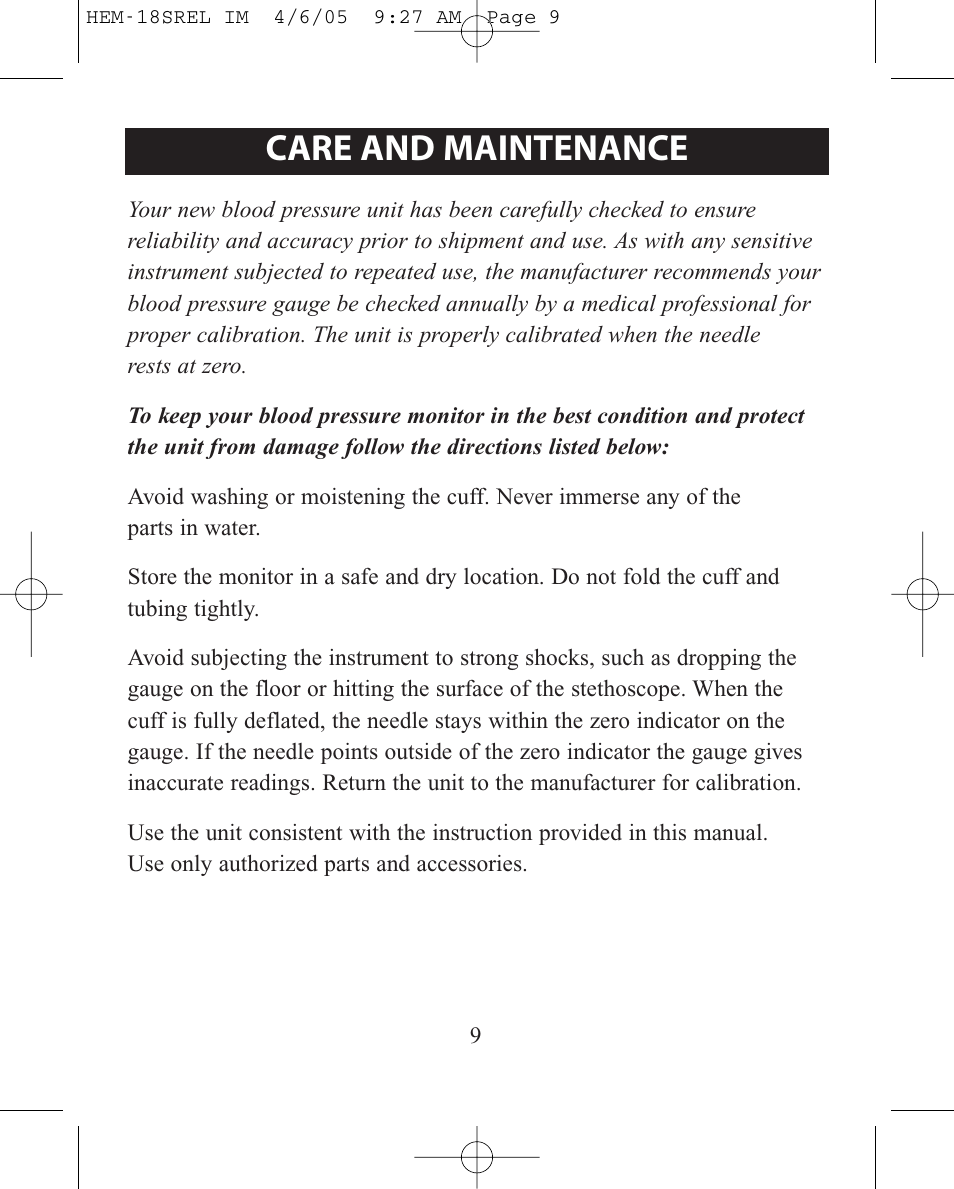 Care and maintenance | ReliOn HEM-18SREL User Manual | Page 9 / 24