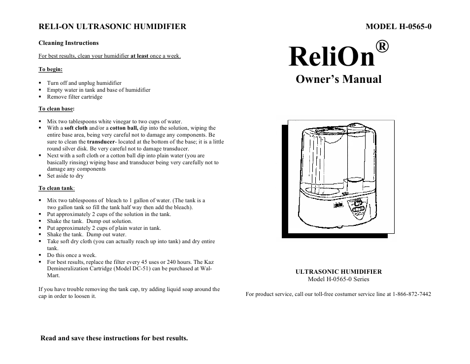 Relion, Owner’s manual | ReliOn RELI-ON ULTRASONIC HUMIDIFIER Model H-0565-0 User Manual | Page 2 / 2