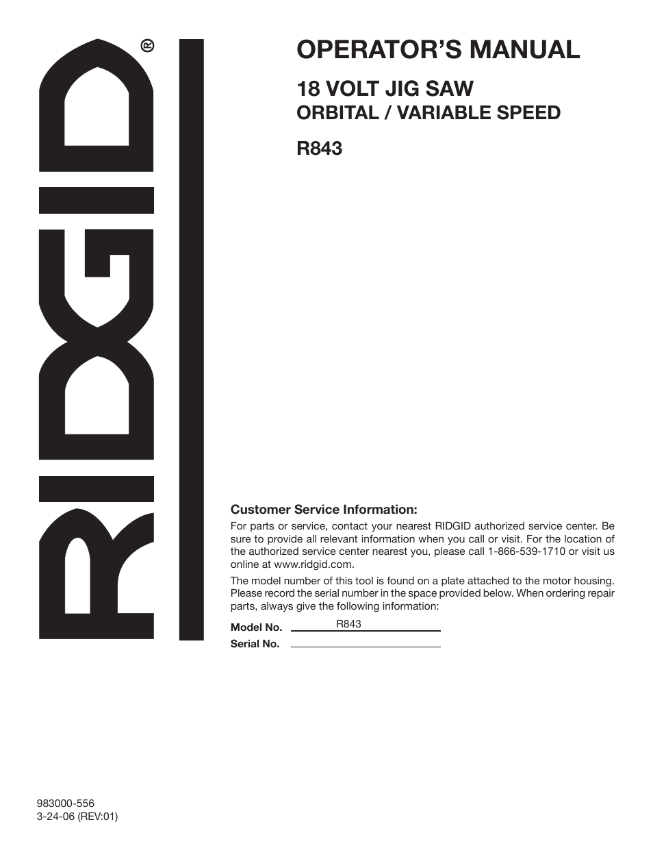 Operator’s manual, 18 volt jig saw, Orbital / variable speed r843 | RIDGID R843 User Manual | Page 20 / 20