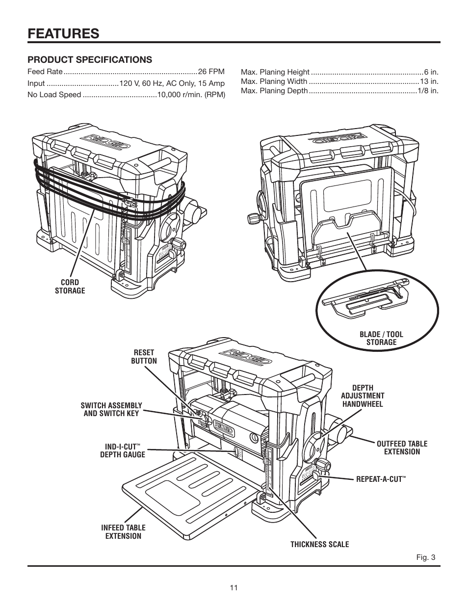 Features | RIDGID 13	in.	THICKNESS	PLANER R4330 User Manual | Page 11 / 28