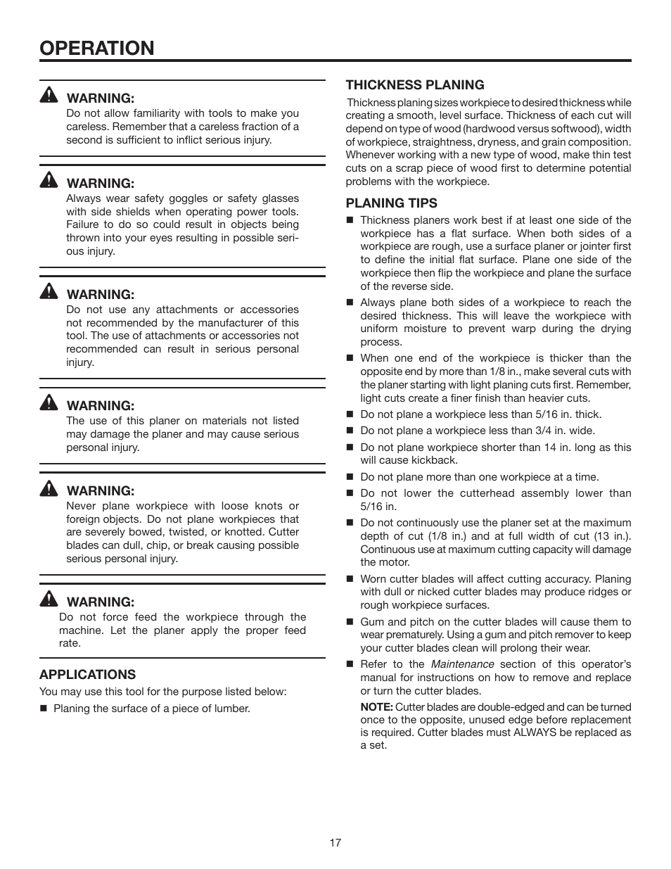 Operation | RIDGID 13	in.	THICKNESS	PLANER R4330 User Manual | Page 17 / 28