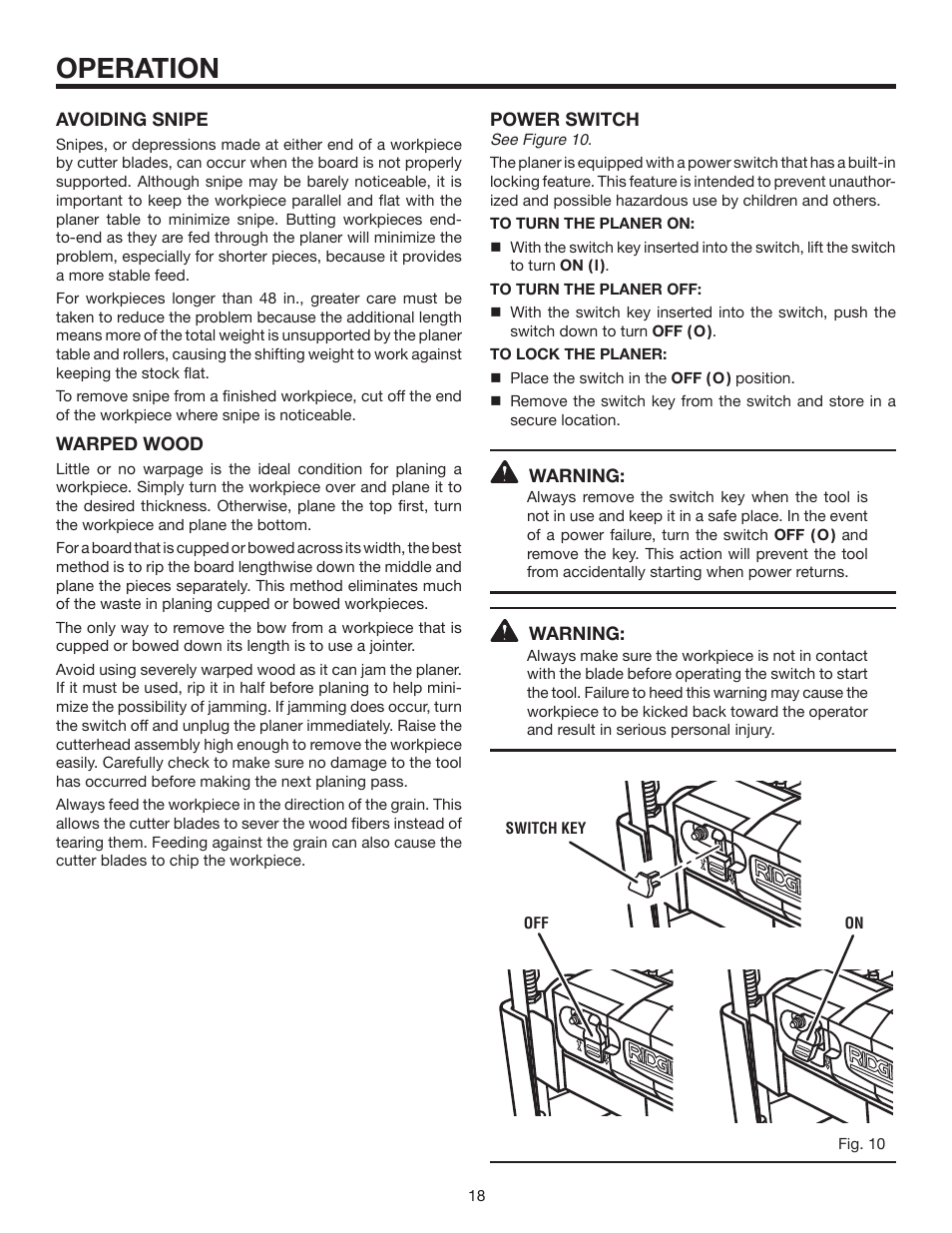 Operation | RIDGID 13	in.	THICKNESS	PLANER R4330 User Manual | Page 18 / 28