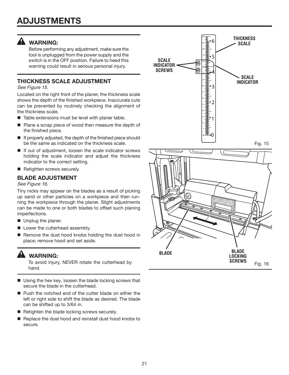 Adjustments | RIDGID 13	in.	THICKNESS	PLANER R4330 User Manual | Page 21 / 28