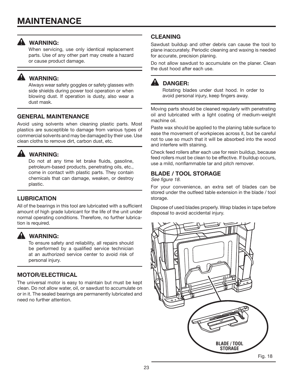 Maintenance | RIDGID 13	in.	THICKNESS	PLANER R4330 User Manual | Page 23 / 28