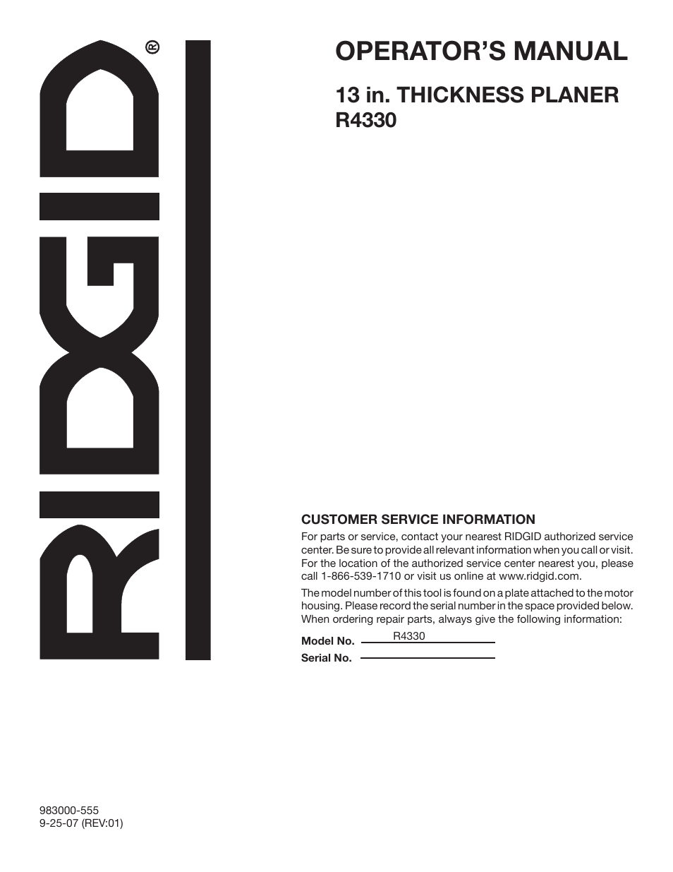 Operator’s manual, 13 in. thickness planer, R4330 | RIDGID 13	in.	THICKNESS	PLANER R4330 User Manual | Page 28 / 28