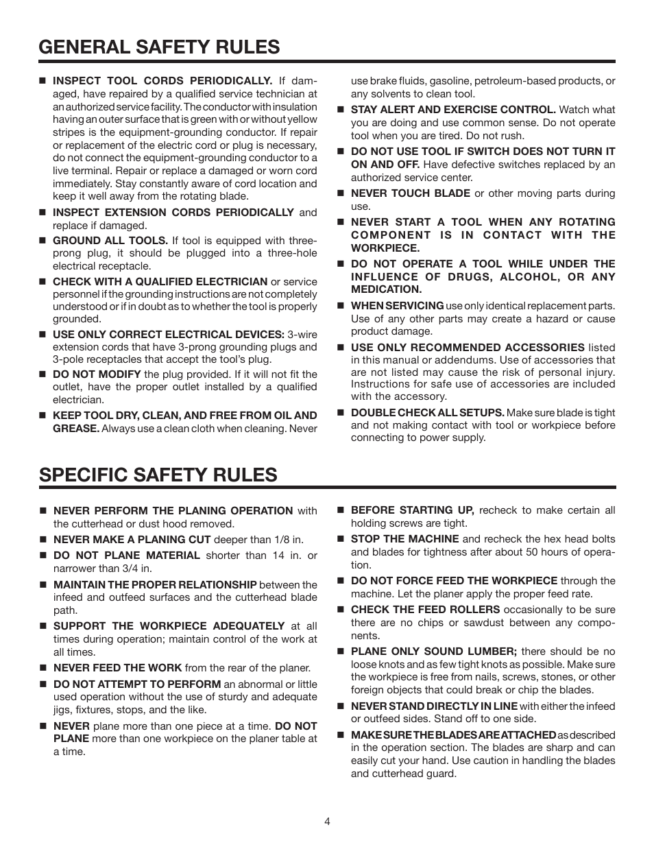 Specific safety rules general safety rules | RIDGID 13	in.	THICKNESS	PLANER R4330 User Manual | Page 4 / 28